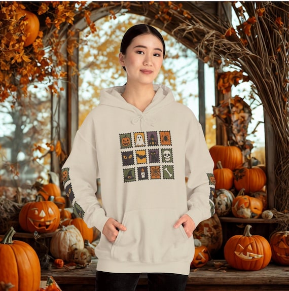 Halloween Vintage Stamp Hoodie, Cozy Halloween Sweatshirt, Spooky Season Apparel, Fall Fashion Gift, Halloween Stamp Design