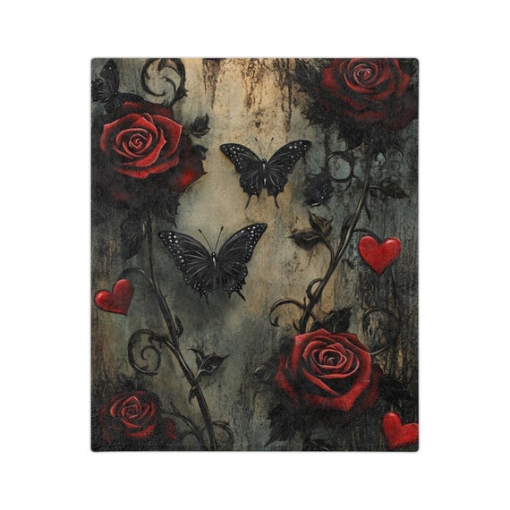 Gothic Roses Velveteen Microfiber Blanket, Gothic Roses Butterfly Throw, Soft Cozy Gothic Home Decor, Bedding Tapestry,Dark Floral Fleece