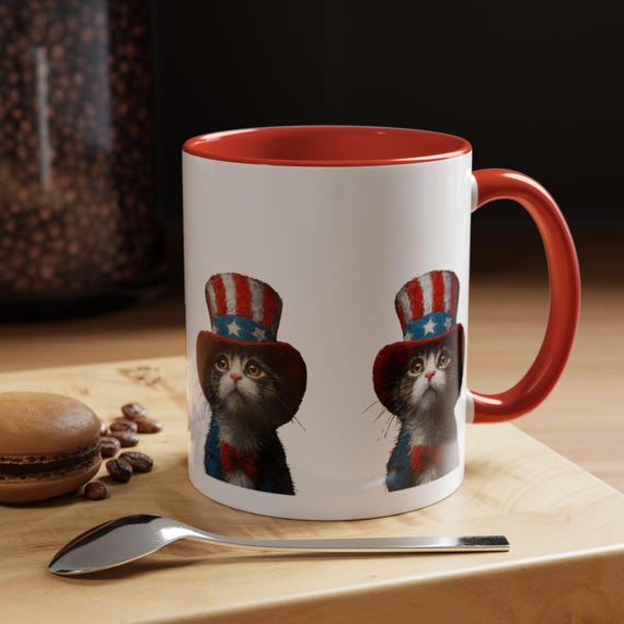 Patriotic Cat Coffee Mug - Fun Holiday Drinkware, Unique Gift for Cat Lovers, 4th of July, Everyday Use, Accent Mug, Adorable Kitty Design