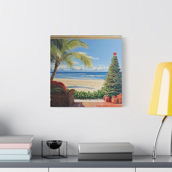 Tropical Christmas Wall Art Print, Holiday Decor, Matte Canvas, Stretched, Beach Print, Xmas Home Decoration, Festive Wall Hanging