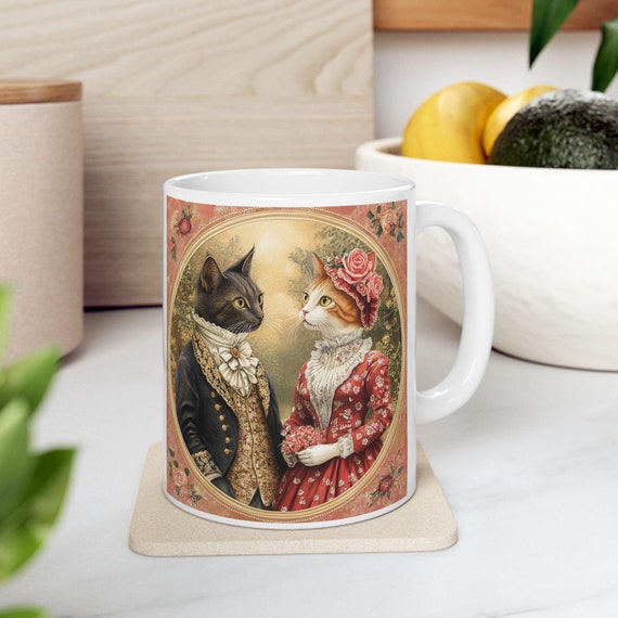 Victorian Cats Ceramic Mug, Valentines Gifts for Cat Lovers, Cat Lady Coffee Cup, Cat Owner Tea Mug, Vintage Kitty Drinkware, Gift for Cat