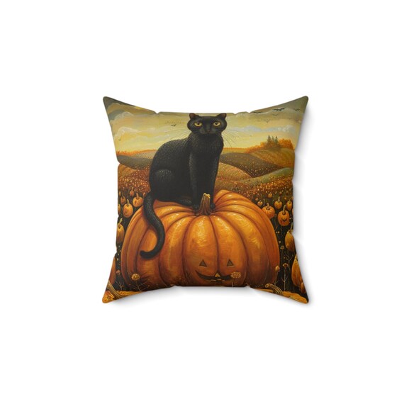 A Harvest Tail - Polyester Square Pillow, Pumpkin Patch Kitty, Halloween Pillow