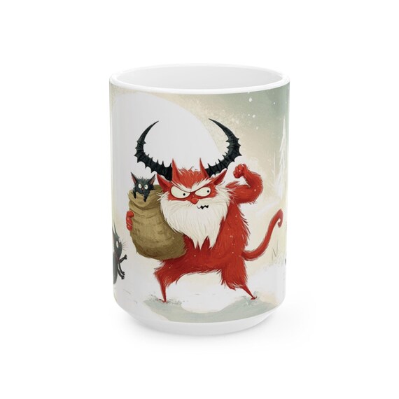 Krampus and Kittens Ceramic Mug, 15oz, Krampus Christmas Mug