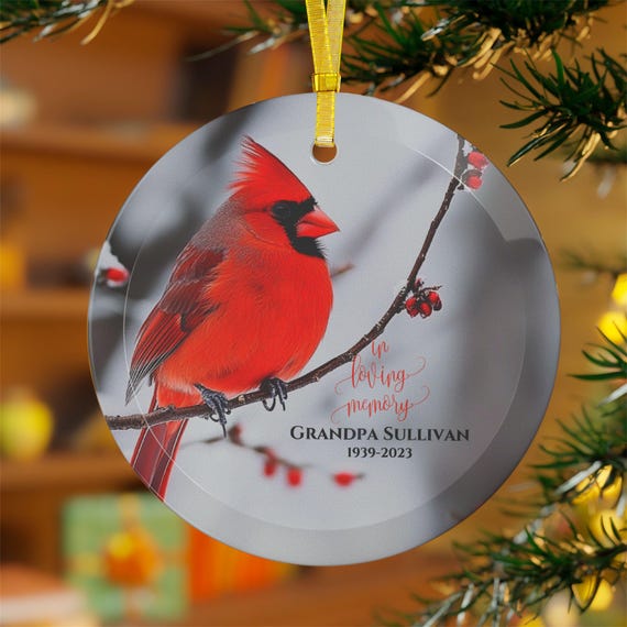 Personalized Red Cardinal Memorial Christmas Ornament Glass Ornaments - In Loving Memory Gift, Holiday Decor, Custom Remembrance Bauble,