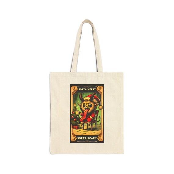 Krampus Sorta Merry Sorta Scary Tote Bag, Christmas Market Bag, Halloween Trick or Treat Bag, Reusable Shopping Bag, Holiday Gift Idea,