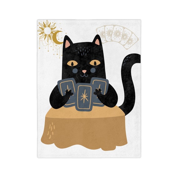 Tarot Cat, Tarot  Blanket, Card Reader, Velvet Throw, Velveteen Microfiber Blanket, Cat Lover Gift, Cozy Blanket, Home Decor, Tarot Gift