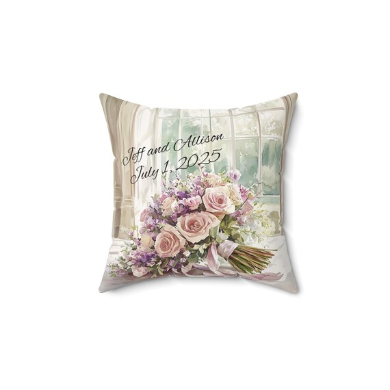 Personalized Wedding Pillow, Custom Wedding Gift, Anniversary Gift, Romantic Floral Decorative Cushion, Bride and Groom Keepsake