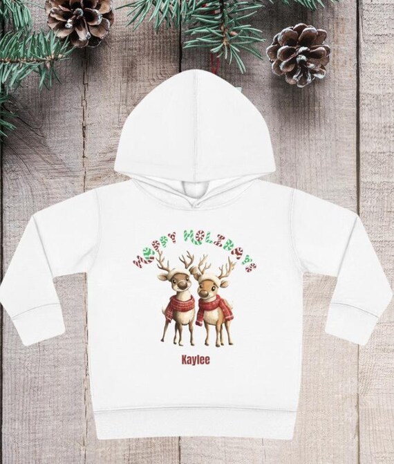 Personalized Holiday Reindeer Toddler Pullover Fleece Hoodie, Kids Christmas Sweatshirt, Custom Child Xmas Jumper, Festive Reindeer Apparel,