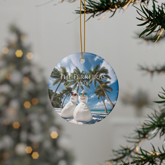 Personalized Family Snowman Ornament, Beach Ceramic Ornament, FL Ornament Personalized, Keepsake Ornament, vacation keepsake,Xmas