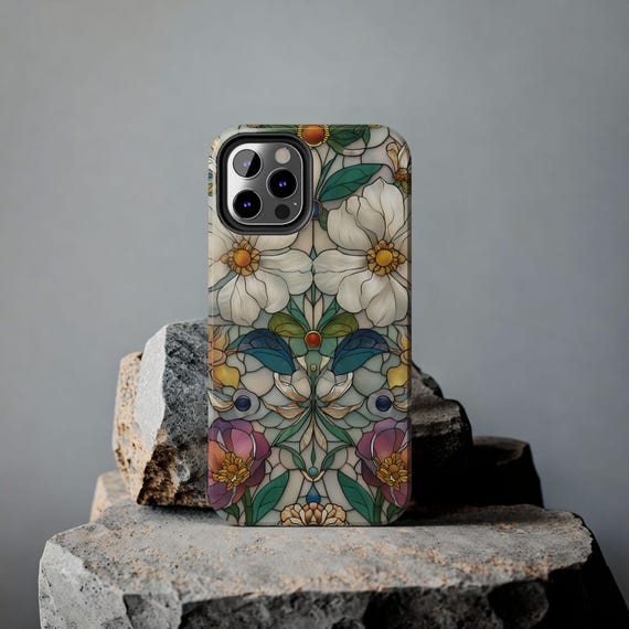 Floral Stained Glass Look Phone Case, Vibrant Flower Design, Tough Phone Cover for Nature Lovers, Unique Gift for Her, Artistic Phone case