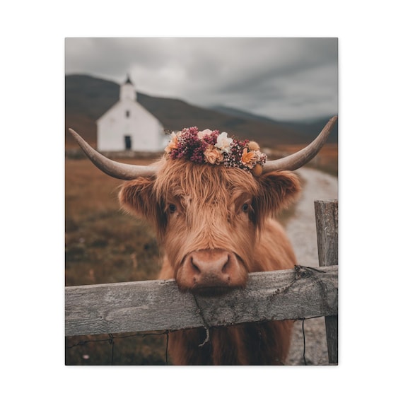 Rustic Cow Canvas Art, Highland Cow Print, Farmhouse Wall Art, Animal Lover Gift, Unique Wall Hanging, Country-Themed Decor
