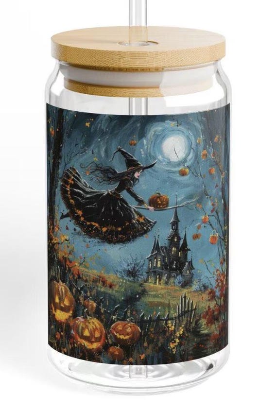 Halloween Sipper Glass, Witch Flies Through the Sky on Halloween Night, Cauldron, Broomstick, Black Cat, Full Moon, Halloween Decor 16oz