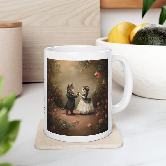 Victorian Cat Mug, Personalized Mug for Engagement, Valentines, Wedding - 11oz, 15oz, Gift for Cat Lover, Tea Cup, Coffee Mug, Cat Lady