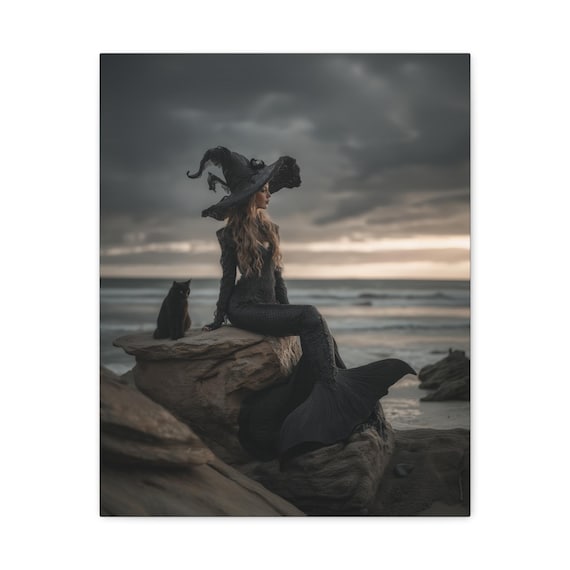 Witchy Coastal Canvas Art: Mystical Halloween Home Decor