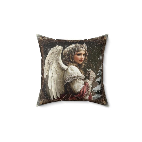 Christmas Angel Pillow, Holiday Decor, Festive Home Accent, Spun Polyester Square Pillow, Angel Wings Design