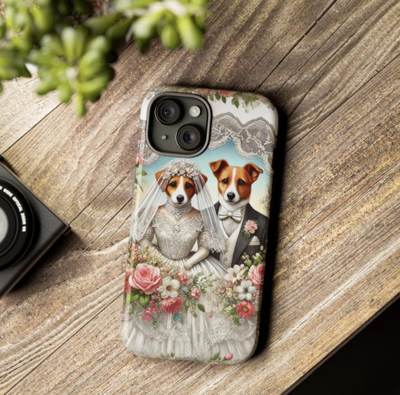 Phone Cases, Dogs Bride Groom White Pink Flowers, Wedding Gifts, Dog Lovers, Cute Animal Accessories, Floral Design Case