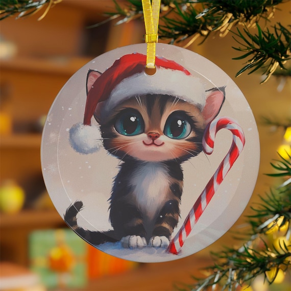 Christmas Cat Glass Ornaments, Holiday Decor, Cute Kitten Ornament, Santa Hat Decoration, Candy Cane Holiday Gift