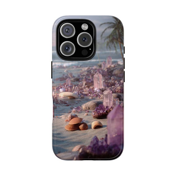 Crystal Beach Phone Case, Crystal and Shell Tough Cases, Ocean Lover Gift, Seaside Vibe Cover, Seashells and Gems Decoration