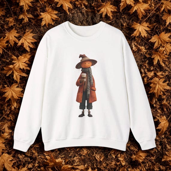 Scarecrow Coffee Autumn Vibes Adult Crewneck Sweatshirt | Fall Sweatshirt,Halloween Sweatshirt, Coffee Lovers, Plus Size Options