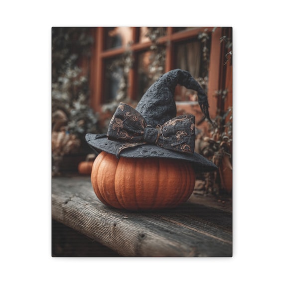 Halloween Wall Art, Pumpkin Wall Decor, Rustic Home Decor, Trick or Treat Art, Fall Celebration Artwork, Witch Hat Canvas Print