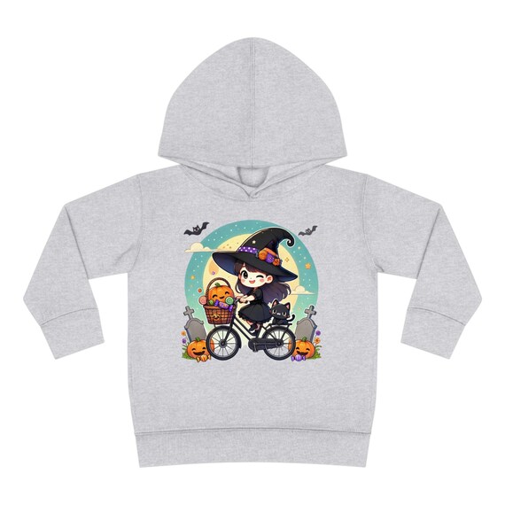Cute Witch Toddler Pullover Fleece Hoodie, Halloween Kids Sweatshirt, Witch on Bike Halloween Hoodie, Spooky Toddler Witch Hoodie, Kids