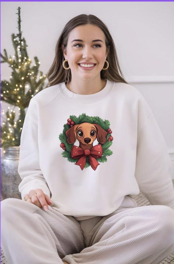 Dachshund Christmas Wreath Sweatshirt, Holiday Gift, Dog Lover, Holiday Sweatshirt, Xmas Apparel, Festive Crew Neck