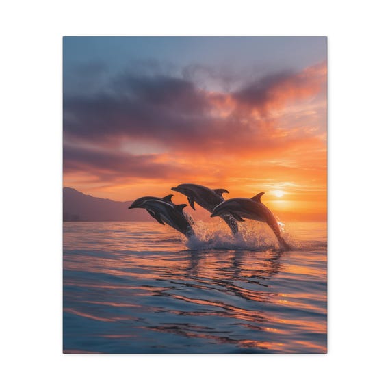 Sunset Dolphin Art Canvas Print, Nautical Home Decor, Ocean Wall Art, Beach Vibes, Gift for Sea Lovers