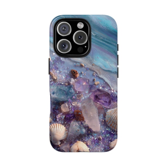 Shells and Crystals Phone Case, Tough Cases for Beach Lovers, Coastal Aesthetic, Ocean Inspired, Beach Gifts, Unique Cell Phone Cover