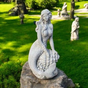 Large Mermaid Statue, Concrete Mermaid Statuary For Garden Decoration, Marine Girl On Rock Sculpture, Massive Fairy Figure, Cement Ornament