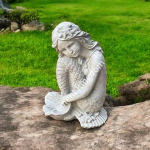 Detailed Mermaid Sitting On Shell Sculpture, Concrete Mermaid Figure, Stone Mermaid Figurine, Realistic Marine Girl, Fairy Garden Art