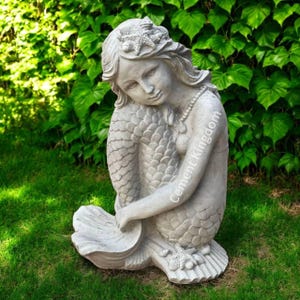 Mermaid Sitting On Shell, Outdoor Fairy Garden, Stone Sculpture, Cement Mermaid Statue, Backyard Detailed Figure, Yard Art, Concrete Girl
