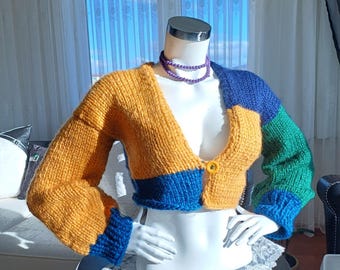Ręcznie robiony dzianinowy kardigan w bloki kolorów, oversize'owy styl boho