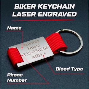 Personalized Keychain, Biker Emergency, Laser Engraved, Custom Name, Phone & Blood Type