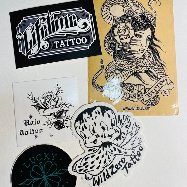 Lot of Tattoo Stickers: Shops from Germany, US Parlors, mixed bunch vintage