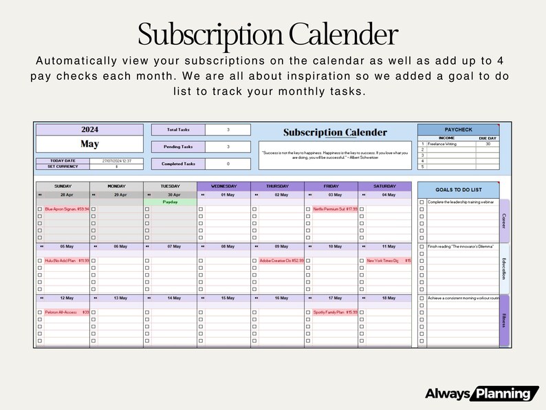 Subscriptions Wednesday Standard Excel Budget Template Budget Google Sheet Budget Spreadsheet ...