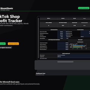 May include: A digital Excel workbook titled "TikTok Shop Profit Tracker" on a laptop screen. The dark interface displays financial data, including fees, payouts, and commissions. The workbook is designed for Microsoft Excel users.