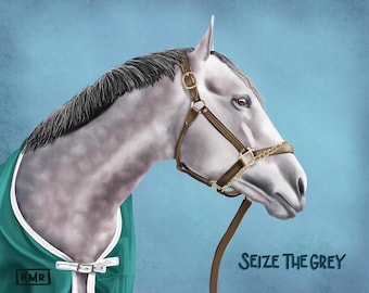 Retrato de Seize the Grey, ganador del Preakness 2024, pintura digital
