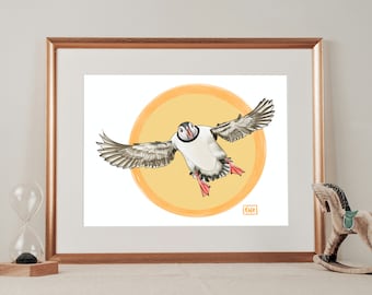 Frailecillo atlántico volando, pintura digital