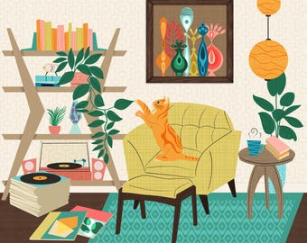 Biblioteca MidMod, con pintura digital de gatos