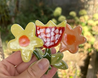 3 handmade flowers ceramic tiles for mosaic and craft making, 9 cm tall.