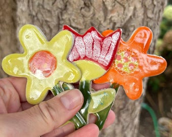 3 handmade flowers ceramic tiles for mosaic and craft making, 9 cm tall.