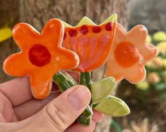 3 handmade flowers ceramic tiles for mosaic and craft making, 9 cm tall.