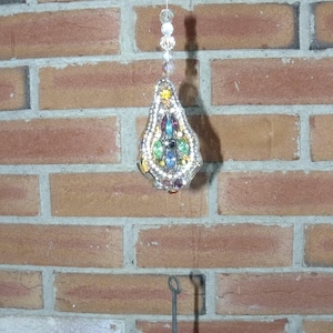 Jeweled Glass Crystal Prism~Rhinestones~Mixed Media Glass Crystal~Vintage Costume Jewelry~Chandelier Crystal Prism Suncatcher~Skeleton Key