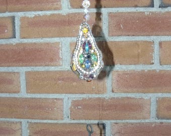 Jeweled Glass Crystal Prism~Rhinestones~Mixed Media Glass Crystal~Vintage Costume Jewelry~Chandelier Crystal Prism Suncatcher~Skeleton Key