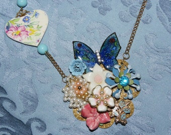 Butterfly Necklace~Upcycled Jewelry-Assemblage Necklace~Floral Necklace~OOAK Necklace-Enameled Butterfly Pendant~Collage Pendant