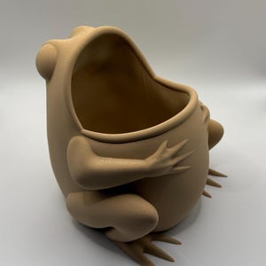 May include: A light tan, matte-finished frog-shaped container with a wide, open top. The object features a smooth, rounded body with sculpted limbs, webbed feet, and prominent eyes, showing a visible 3D-printed texture across its surface.