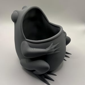 May include: A matte dark gray 3D printed container shaped like a sitting frog with a wide, open mouth. The frog has prominent eyes, defined limbs, and webbed feet, with a hollow interior space accessible through the top opening of the head.
