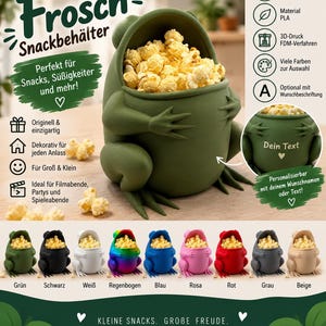Könnte beinhalten: Ein matt-olivgrüner, 3D-gedruckter Frosch-Snackbehälter mit den Maßen 16 cm x 16 cm, gefüllt mit Popcorn. Das Design zeigt ein weit geöffnetes Maul zur Aufbewahrung von Snacks. Ein zweites Bild zeigt den Behälter mit individuell bedrucktem Text.