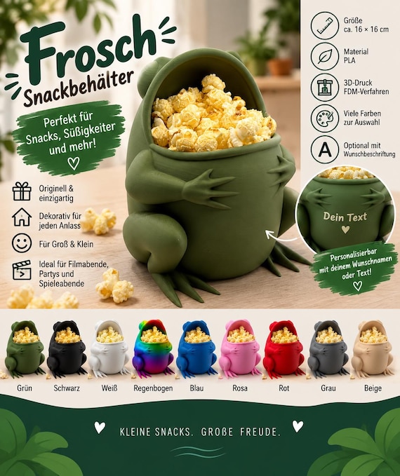 Frosch Snackbehälter | Frosch Snackschale | Lustige Chipsschale | 3D gedruckter Frosch | Snackschale in vielen Farben | Geschenk