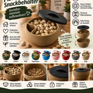 Könnte beinhalten: Ein beigefarbener, zweistufiger Snackbehälter für Pistazien mit schwarzem Deckel. Der obere Bereich nimmt ganze Pistazien auf, während der untere Bereich die Schalen sammelt. Der Behälter ist aus PLA 3D-gedruckt und in verschiedenen Farben wie Grün, Schwarz, Weiß, Regenbogen, Blau, Rosa, Rot, Grau und Beige erhältlich.